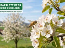 The Best Bartlett Pear Pollination Partners (2026 Guide) Honeybee pollinating a cluster of Bartlett pear blossoms with pollen visible, showing why cross-pollination partners are required for a heavy harvest.