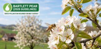 The Best Bartlett Pear Pollination Partners (2026 Guide) Honeybee pollinating a cluster of Bartlett pear blossoms with pollen visible, showing why cross-pollination partners are required for a heavy harvest.