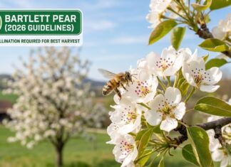 The Best Bartlett Pear Pollination Partners (2026 Guide) Honeybee pollinating a cluster of Bartlett pear blossoms with pollen visible, showing why cross-pollination partners are required for a heavy harvest.