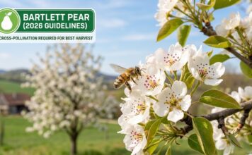 The Best Bartlett Pear Pollination Partners (2026 Guide) Honeybee pollinating a cluster of Bartlett pear blossoms with pollen visible, showing why cross-pollination partners are required for a heavy harvest.