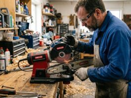5 Best Chainsaw Sharpeners of 2026 (Electric & Manual) A person wearing safety glasses and gloves sharpening a chainsaw chain using a professional bench-mounted electric grinder in a woodworking shop