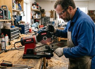 5 Best Chainsaw Sharpeners of 2026 (Electric & Manual) A person wearing safety glasses and gloves sharpening a chainsaw chain using a professional bench-mounted electric grinder in a woodworking shop