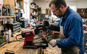 5 Best Chainsaw Sharpeners of 2026 (Electric & Manual) A person wearing safety glasses and gloves sharpening a chainsaw chain using a professional bench-mounted electric grinder in a woodworking shop