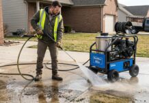 Commercial Pressure Washer 2026: The Smart Buying Guide & Comparison Contractor using a heavy-duty commercial pressure washer to clean a concrete driveway