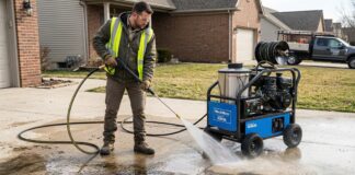 Commercial Pressure Washer 2026: The Smart Buying Guide & Comparison Contractor using a heavy-duty commercial pressure washer to clean a concrete driveway
