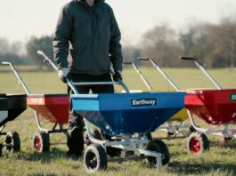 Best Fertilizer and Seed Spreaders for 2026: I Tested the Top Models (Real Results) A close-up photograph of three premium broadcast fertilizer and seed spreaders actively working in motion on a lush suburban lawn, representing the hands-on testing of top models for a 2026 article review on gardenfrontier.com.