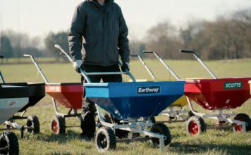 Best Fertilizer and Seed Spreaders for 2026: I Tested the Top Models (Real Results) A close-up photograph of three premium broadcast fertilizer and seed spreaders actively working in motion on a lush suburban lawn, representing the hands-on testing of top models for a 2026 article review on gardenfrontier.com.