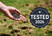 Best Grass Seed for Overseeding 2026: I Tested the Top Mixes A close-up photograph of a hand scattering premium grass seed into aeration holes on a spring lawn, with a graphic badge labeled "TESTED 2026". This image represents the article title 'Best Grass Seed for Overseeding 2026