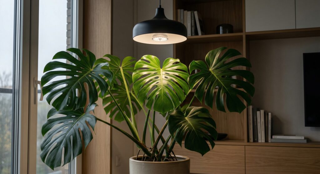 A healthy Monstera Deliciosa with large fenestrated leaves growing indoors under a modern, full-spectrum LED grow light.