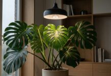 Best Grow Light for Monstera in 2026: Stop Losing Fenestrations A healthy Monstera Deliciosa with large fenestrated leaves growing indoors under a modern, full-spectrum LED grow light.