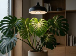 Best Grow Light for Monstera in 2026: Stop Losing Fenestrations A healthy Monstera Deliciosa with large fenestrated leaves growing indoors under a modern, full-spectrum LED grow light.