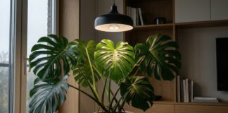 Best Grow Light for Monstera in 2026: Stop Losing Fenestrations A healthy Monstera Deliciosa with large fenestrated leaves growing indoors under a modern, full-spectrum LED grow light.