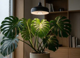 Best Grow Light for Monstera in 2026: Stop Losing Fenestrations A healthy Monstera Deliciosa with large fenestrated leaves growing indoors under a modern, full-spectrum LED grow light.