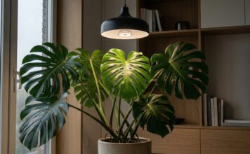 Best Grow Light for Monstera in 2026: Stop Losing Fenestrations A healthy Monstera Deliciosa with large fenestrated leaves growing indoors under a modern, full-spectrum LED grow light.