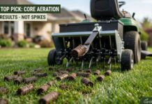Best Lawn Aerator 2026: I Tested the Top Models – Here Are the Real Winners A core aerator attached to a riding lawn mower pulling a large, distinct soil plug (core) from a green lawn in spring 2026, showing scattered plugs on the turf.