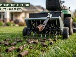 Best Lawn Aerator 2026: I Tested the Top Models – Here Are the Real Winners A core aerator attached to a riding lawn mower pulling a large, distinct soil plug (core) from a green lawn in spring 2026, showing scattered plugs on the turf.