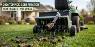 Best Lawn Aerator 2026: I Tested the Top Models – Here Are the Real Winners A core aerator attached to a riding lawn mower pulling a large, distinct soil plug (core) from a green lawn in spring 2026, showing scattered plugs on the turf.