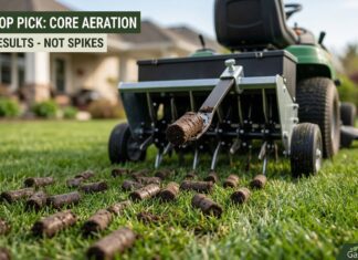 Best Lawn Aerator 2026: I Tested the Top Models – Here Are the Real Winners A core aerator attached to a riding lawn mower pulling a large, distinct soil plug (core) from a green lawn in spring 2026, showing scattered plugs on the turf.