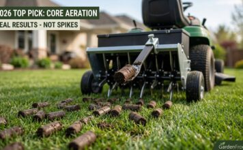 Best Lawn Aerator 2026: I Tested the Top Models – Here Are the Real Winners A core aerator attached to a riding lawn mower pulling a large, distinct soil plug (core) from a green lawn in spring 2026, showing scattered plugs on the turf.