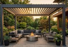 5 Best Aluminum Pergolas for 2026 (Heavy-Duty & Louvered) Modern dark gray louvered aluminum pergola on a luxury stone patio with outdoor furniture and garden view