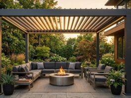 5 Best Aluminum Pergolas for 2026 (Heavy-Duty & Louvered) Modern dark gray louvered aluminum pergola on a luxury stone patio with outdoor furniture and garden view