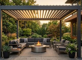 5 Best Aluminum Pergolas for 2026 (Heavy-Duty & Louvered) Modern dark gray louvered aluminum pergola on a luxury stone patio with outdoor furniture and garden view