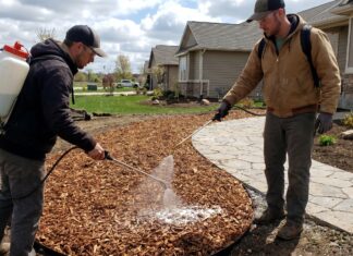 Mulch Glue: Does It Work, How Long It Lasts and When to Use It A landscaper spraying mulch glue on fresh wood chips to prevent washout and blowaway in a residential yard