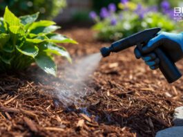 Mulch Glue: What It Is, How to Use It, and Does It Really Work in 2026? (Honest Review) A landscaper spraying the best mulch glue on fresh wood chips to prevent washout and blowaway in a residential yard.