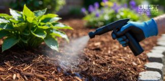 Mulch Glue: What It Is, How to Use It, and Does It Really Work in 2026? (Honest Review) A landscaper spraying the best mulch glue on fresh wood chips to prevent washout and blowaway in a residential yard.