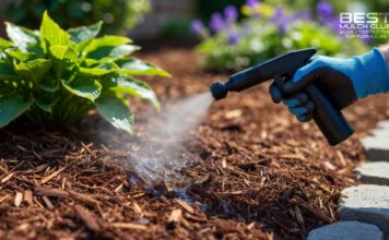 Mulch Glue: What It Is, How to Use It, and Does It Really Work in 2026? (Honest Review) A landscaper spraying the best mulch glue on fresh wood chips to prevent washout and blowaway in a residential yard.