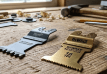 The Ultimate Oscillating Saw Blade Guide 2026 Close-up of Milwaukee Nitrus Carbide and DeWalt Titanium oscillating saw blades on a workshop table showing tooth geometry difference