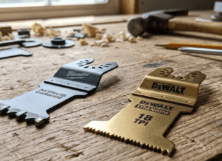 The Ultimate Oscillating Saw Blade Guide 2026 Close-up of Milwaukee Nitrus Carbide and DeWalt Titanium oscillating saw blades on a workshop table showing tooth geometry difference