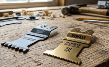 The Ultimate Oscillating Saw Blade Guide 2026 Close-up of Milwaukee Nitrus Carbide and DeWalt Titanium oscillating saw blades on a workshop table showing tooth geometry difference