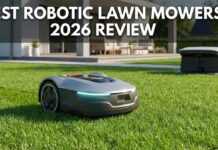 7 Best Robotic Lawn Mowers 2026: Are They Actually Worth It? A modern orange robotic lawn mower cutting green grass in a suburban backyard