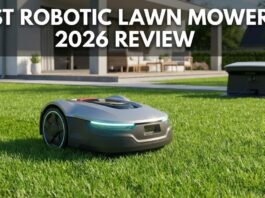 7 Best Robotic Lawn Mowers 2026: Are They Actually Worth It? A modern orange robotic lawn mower cutting green grass in a suburban backyard