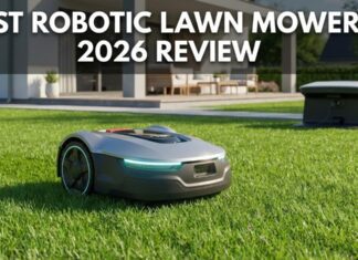 7 Best Robotic Lawn Mowers 2026: Are They Actually Worth It? A modern orange robotic lawn mower cutting green grass in a suburban backyard