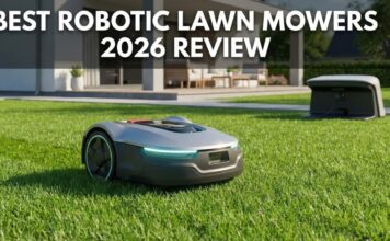 7 Best Robotic Lawn Mowers 2026: Are They Actually Worth It? A modern orange robotic lawn mower cutting green grass in a suburban backyard