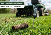 Best Time to Aerate a Lawn in 2026: When & How to Do It Right A soil thermometer probe inserted into a spring lawn showing a reading of 55°F (13°C), indicating the correct target temperature for core aeration in 2026