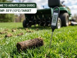 Best Time to Aerate a Lawn in 2026: When & How to Do It Right A soil thermometer probe inserted into a spring lawn showing a reading of 55°F (13°C), indicating the correct target temperature for core aeration in 2026