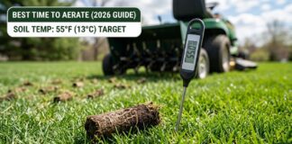 Best Time to Aerate a Lawn in 2026: When & How to Do It Right A soil thermometer probe inserted into a spring lawn showing a reading of 55°F (13°C), indicating the correct target temperature for core aeration in 2026