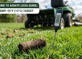 Best Time to Aerate a Lawn in 2026: When & How to Do It Right A soil thermometer probe inserted into a spring lawn showing a reading of 55°F (13°C), indicating the correct target temperature for core aeration in 2026