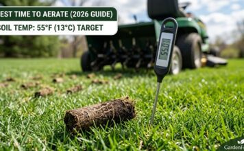 Best Time to Aerate a Lawn in 2026: When & How to Do It Right A soil thermometer probe inserted into a spring lawn showing a reading of 55°F (13°C), indicating the correct target temperature for core aeration in 2026