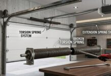 Garage Door Spring Repair: 2026 Cost Guide, Signs of Failure, DIY Warnings & When to Call a Pro A close-up view of a broken garage door torsion spring on a modern white sectional door with winding bars shown