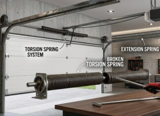 Garage Door Spring Repair: 2026 Cost Guide, Signs of Failure, DIY Warnings & When to Call a Pro A close-up view of a broken garage door torsion spring on a modern white sectional door with winding bars shown