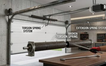 Garage Door Spring Repair: 2026 Cost Guide, Signs of Failure, DIY Warnings & When to Call a Pro A close-up view of a broken garage door torsion spring on a modern white sectional door with winding bars shown