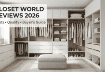 Closet World Reviews 2026: Actual Costs, Quality & What to Expect A beautiful, bright, and perfectly organized custom walk-in closet with white cabinetry, light wood accents, and brass hardware. Multiple rods are filled with neutral clothing, drawers are closed, and open shelving displays neatly folded items and shoes. The overall aesthetic is clean, professional, and luxurious. Subtle sans-serif text in the upper left reads: 'CLOSET WORLD REVIEWS 2026', with secondary text below: 'Costs • Quality • Buyer's Guide'. A discreet 'GardenFrontier.com' logo is in the bottom right.