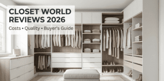 Closet World Reviews 2026: Actual Costs, Quality & What to Expect A beautiful, bright, and perfectly organized custom walk-in closet with white cabinetry, light wood accents, and brass hardware. Multiple rods are filled with neutral clothing, drawers are closed, and open shelving displays neatly folded items and shoes. The overall aesthetic is clean, professional, and luxurious. Subtle sans-serif text in the upper left reads: 'CLOSET WORLD REVIEWS 2026', with secondary text below: 'Costs • Quality • Buyer's Guide'. A discreet 'GardenFrontier.com' logo is in the bottom right.