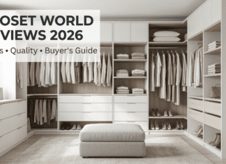 Closet World Reviews 2026: Actual Costs, Quality & What to Expect A beautiful, bright, and perfectly organized custom walk-in closet with white cabinetry, light wood accents, and brass hardware. Multiple rods are filled with neutral clothing, drawers are closed, and open shelving displays neatly folded items and shoes. The overall aesthetic is clean, professional, and luxurious. Subtle sans-serif text in the upper left reads: 'CLOSET WORLD REVIEWS 2026', with secondary text below: 'Costs • Quality • Buyer's Guide'. A discreet 'GardenFrontier.com' logo is in the bottom right.