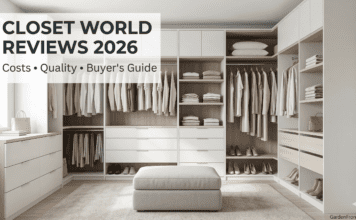 Closet World Reviews 2026: Actual Costs, Quality & What to Expect A beautiful, bright, and perfectly organized custom walk-in closet with white cabinetry, light wood accents, and brass hardware. Multiple rods are filled with neutral clothing, drawers are closed, and open shelving displays neatly folded items and shoes. The overall aesthetic is clean, professional, and luxurious. Subtle sans-serif text in the upper left reads: 'CLOSET WORLD REVIEWS 2026', with secondary text below: 'Costs • Quality • Buyer's Guide'. A discreet 'GardenFrontier.com' logo is in the bottom right.