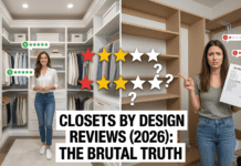 Closets by Design Reviews (2026): The Brutal Truth Before You Buy A split image showing custom closets. On the left, a frustrated woman looks at an expensive quote and raw particleboard. On the right, a smiling woman enjoys a beautiful, organized white melamine closet. Central text says 'CLOSETS BY DESIGN REVIEWS (2026): The Brutal Truth'. Mixed 1-star and 5-star review icons float around.